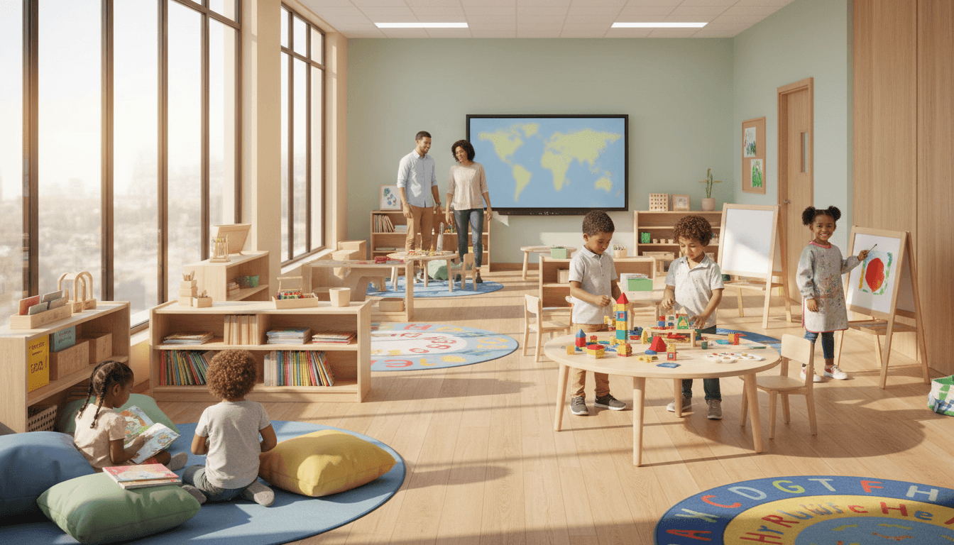 Children engaged in learning activities in a bright, welcoming classroom environment